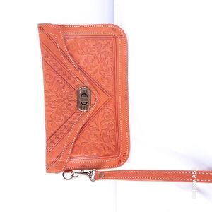 Medium Western Leather Orange Quilted Wristlet with Floral Embossing